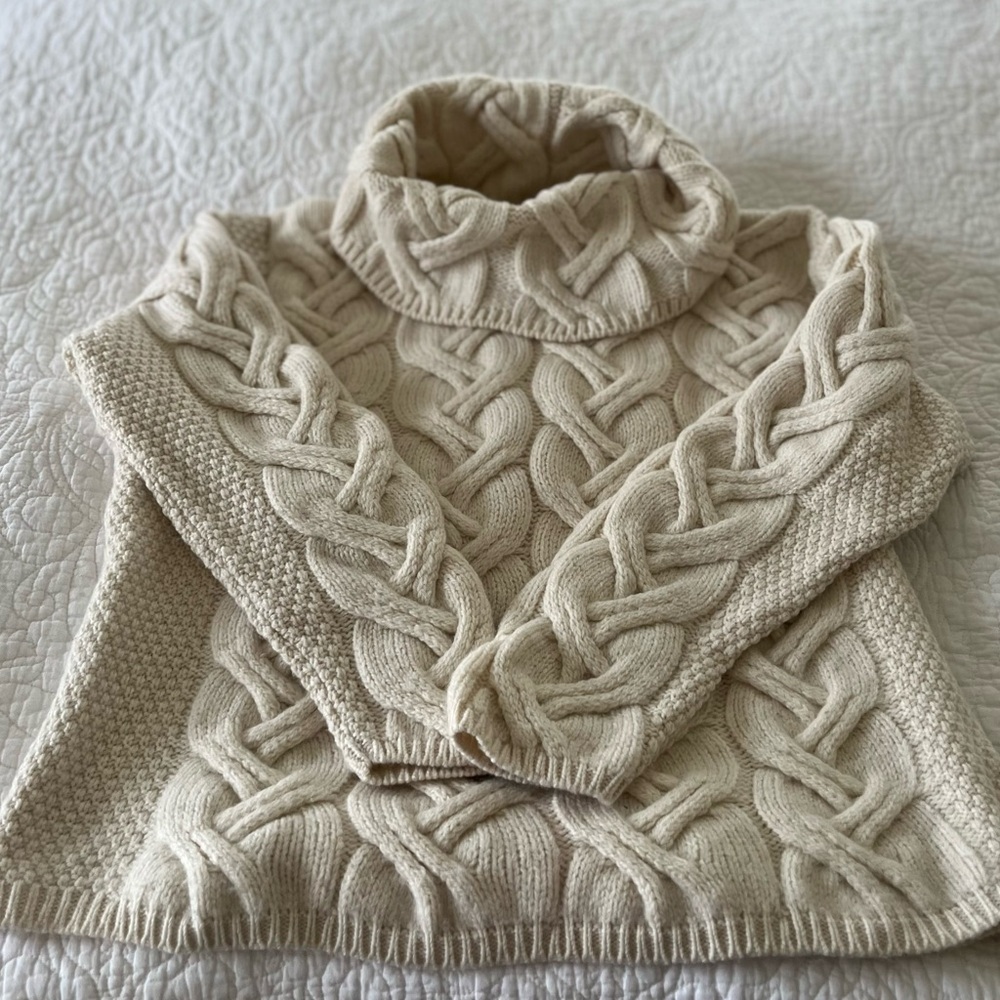 Aran merino wool cowl neck sweater